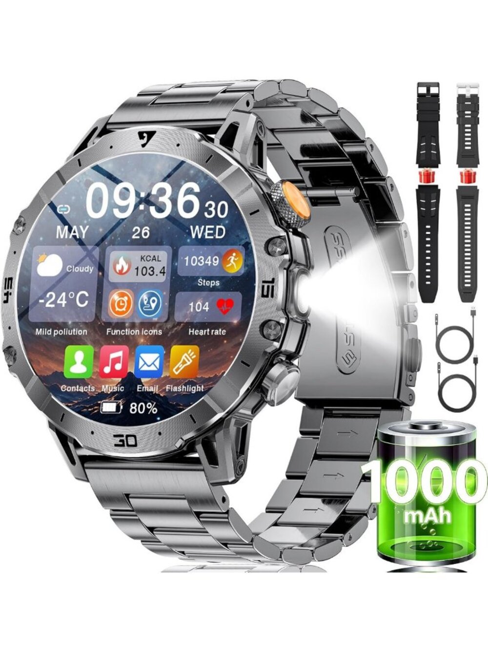Men's Military Smart Watch - 60-Day Battery, IP68 Waterproof, Fitness Tracker